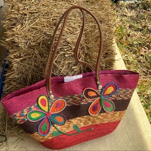 Straw Tote Butterfly Flower Beach Travel vacation shore boho